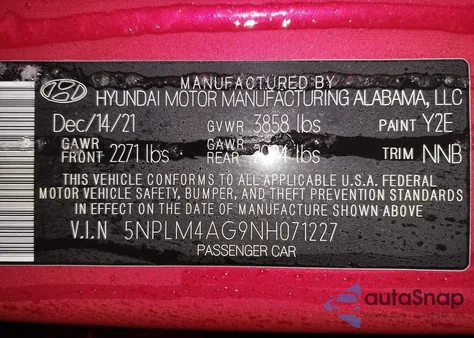 2022 Hyundai Elantra Sel из США, поврежденный, VIN 5NPLM4AG9NH071227